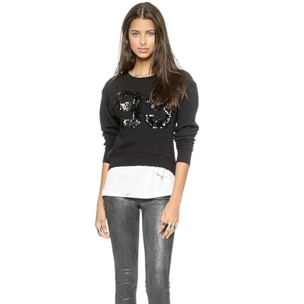 Pam & Gela Black Sequin 99 Long Sleeve Sweatshirt Crew Neck Women's Pullover M - Picture 2 of 6